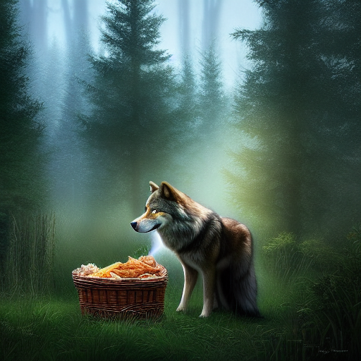 Anne and the wolf stand face to face, the wolf presenting a carefully wrapped package of food, their eyes locked in a moment of understanding and compassion, as a glimmer of hope shines through the dense forest.